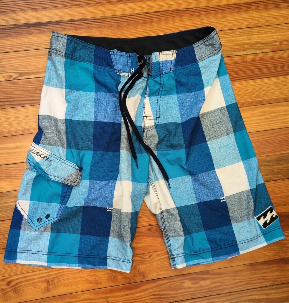 Billabong PX4 Board Shorts Men’s 33 Blue Check Surf Swim Trunks Cargo Pocket